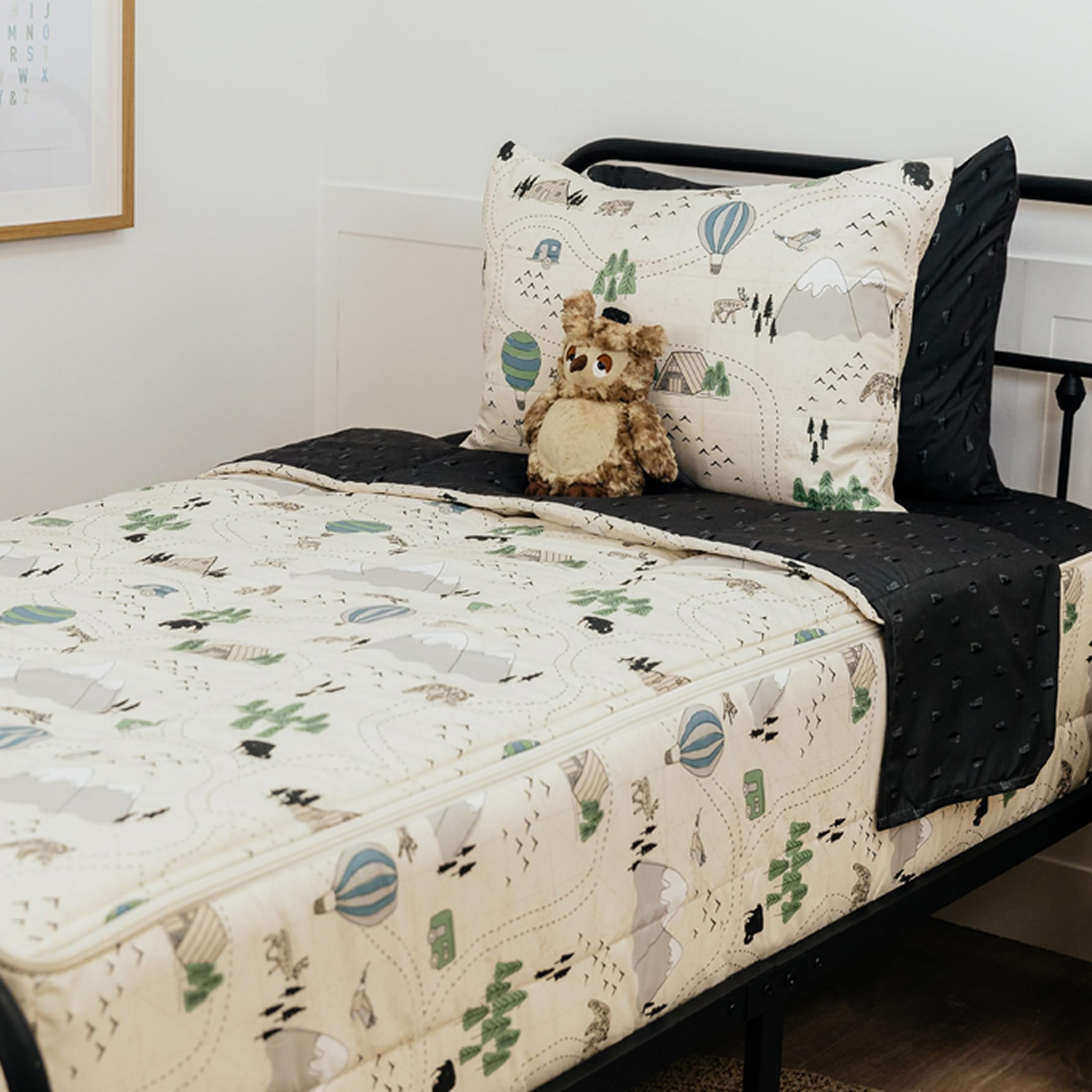 Beddy's Adventure & Wildlife Theme Durable Zipper Bedding for Kids, Bed in a Bag, Cream Comforter & Charcoal Sheets with Outdoor Explorer Design, Includes Pillowcase & Pillow Sham, Easy to Make & Wash
