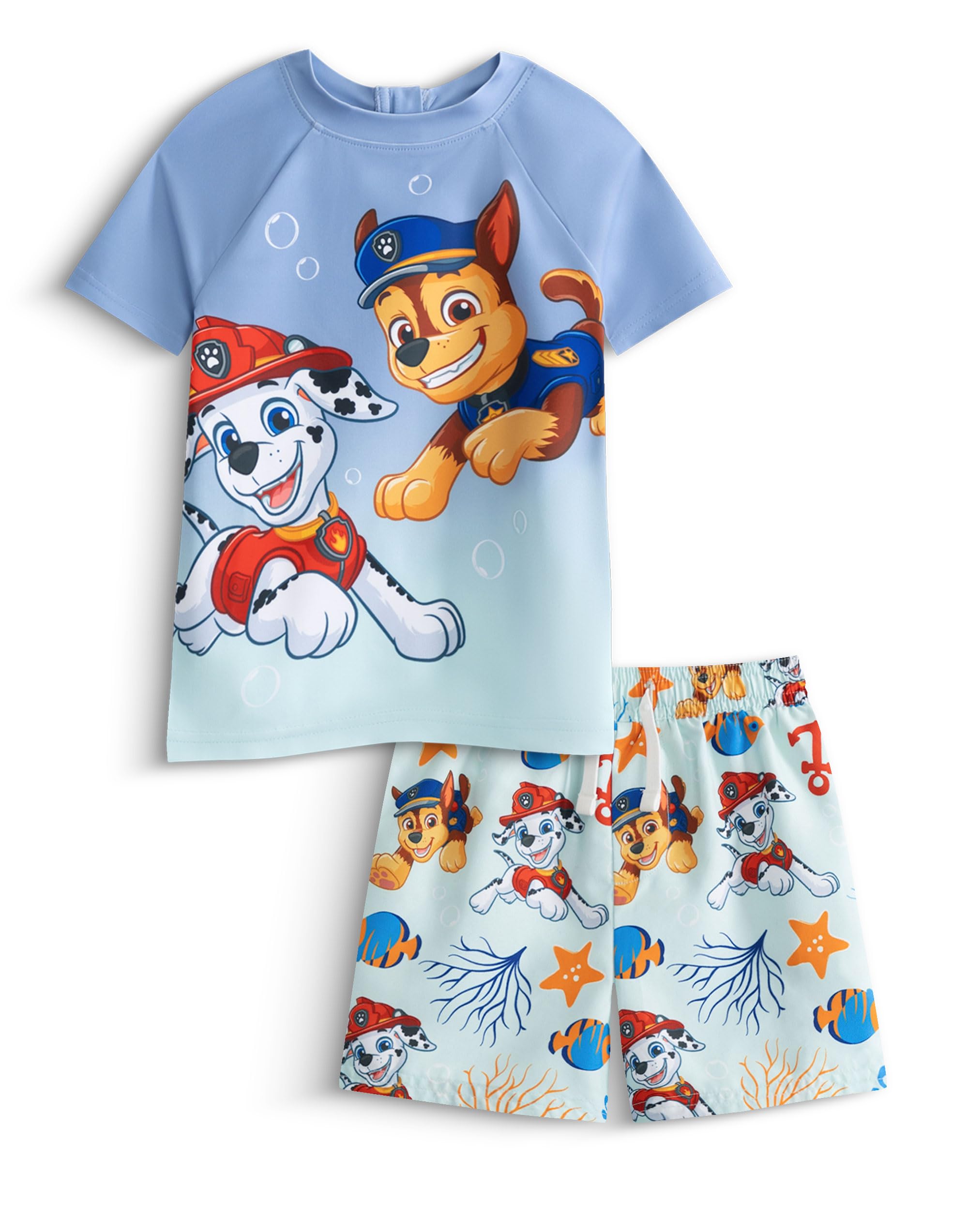 Paw Patrol Boys Blue Chase Marshall Light Swim Set | 2 Piece Swimwear With Ombre Gradient Shirt & Character Shorts | Elastic Waistband Beachwear | Underwater Pups Merch - 4-5 Years