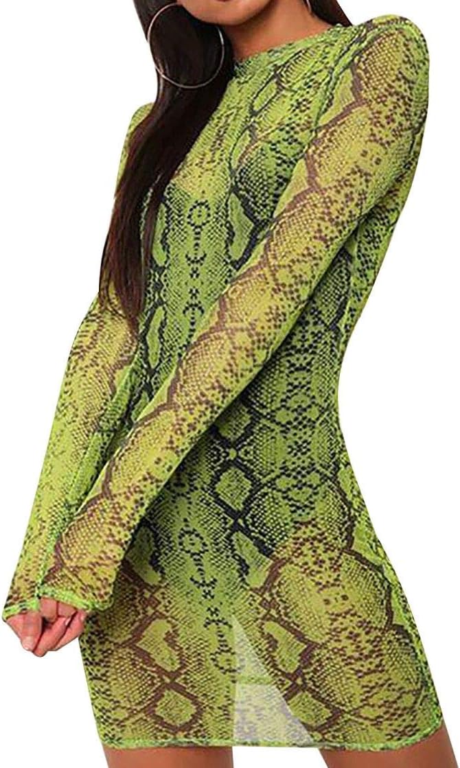MAXIMGR Women Sexy Bodycon Clubwear Dress Tiger Print Dress Long Sleeve Bodycon Tunic Pencil Dress