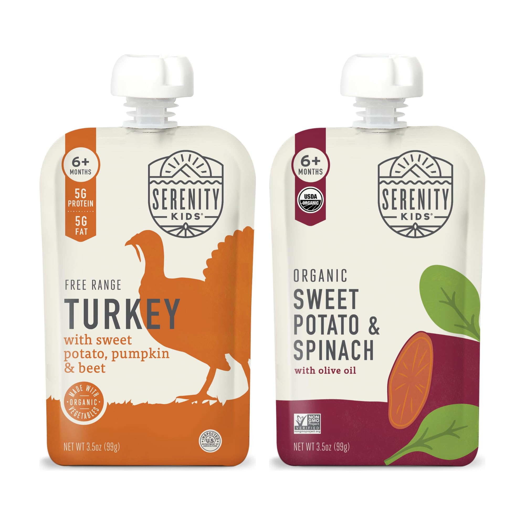 Serenity Kids Baby Food Pouches Variety Bundle - Free Range Turkey & USDA Organic Sweet Potato Spinach Puree - 5g Protein Toddler Snacks - 3.5 Oz, Pack of 24, 6+ Months
