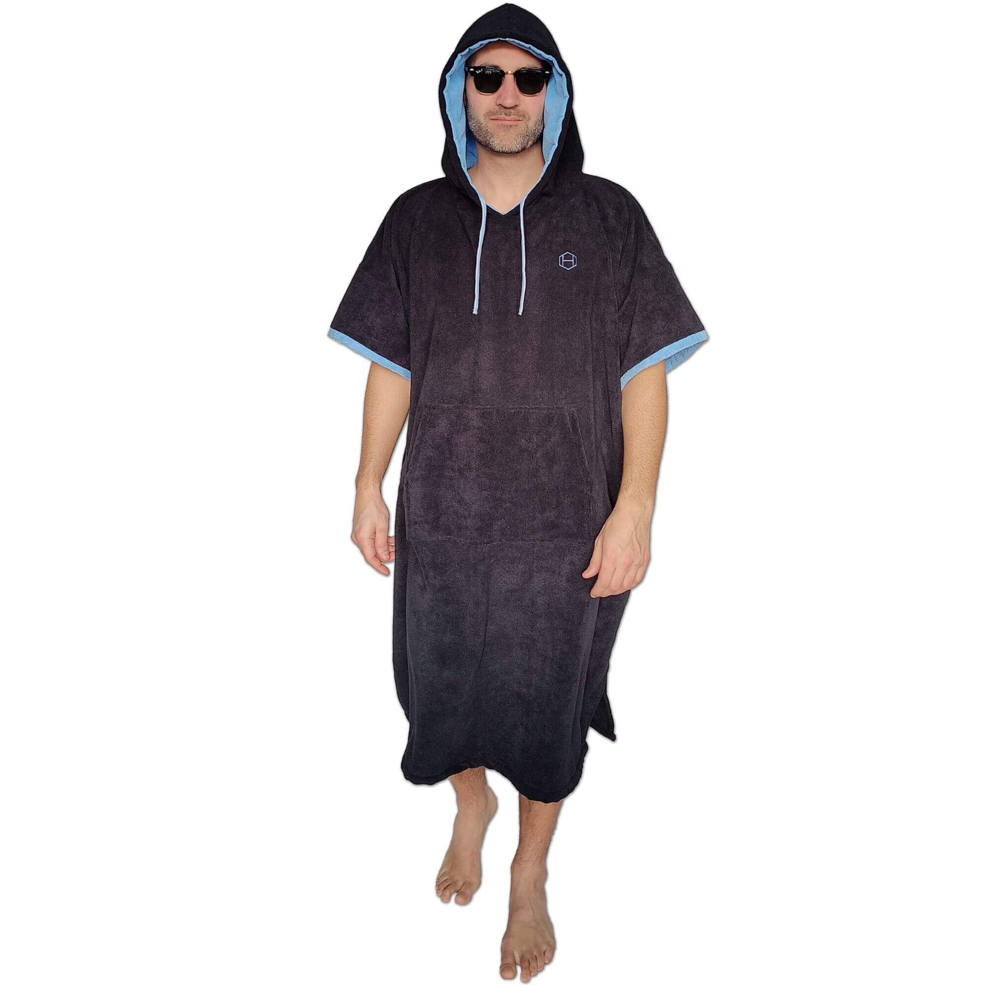 Hang 11 Surf Poncho - Surf Changing Poncho with Hood & Front Pocket, Soft & Absorbent Quick-Dry Material, Hooded Towel Robe (Black & Blue)
