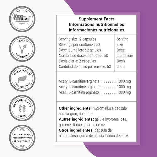 Miniatura 4 de SUPERSMART - Acetyl L Carnitine Arginate 1000 mg por día - Aminoácidos - Suplemento cerebral popular | Sin OMG y sin gluten - 120 cápsulas