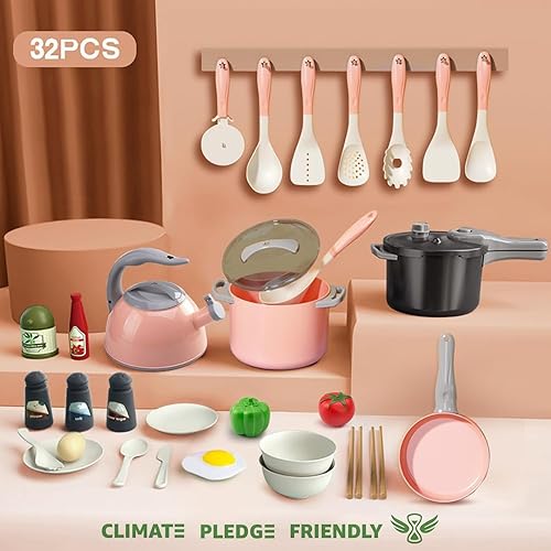 Miniatura 2 de Bruvoalon Juego de 32 juguetes de cocina para niños, accesorios de cocina con ollas, sartenes, utensilios de cocina, alimentos, verduras enlatadas,