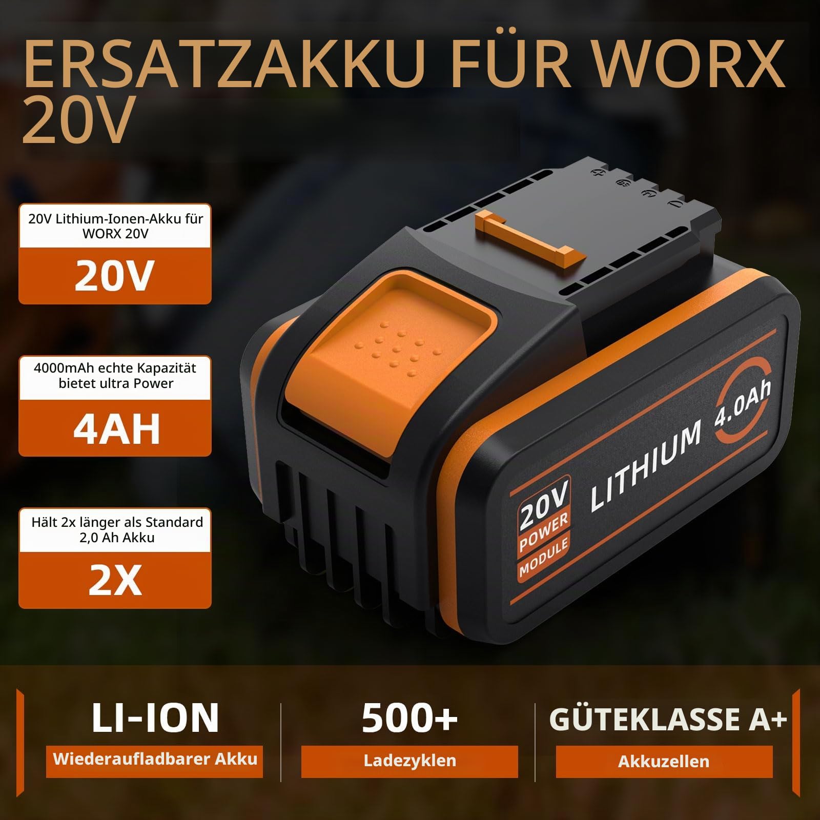 2er Pack 20V 4,0Ah Akkus für Worx 20 Volt Lithium-Ion-Batterien kompatibel mit PowerShare Serie Kabellosen Elektrowerkzeuge-Modelle WA3520 WA3525 WA3575 WA3578