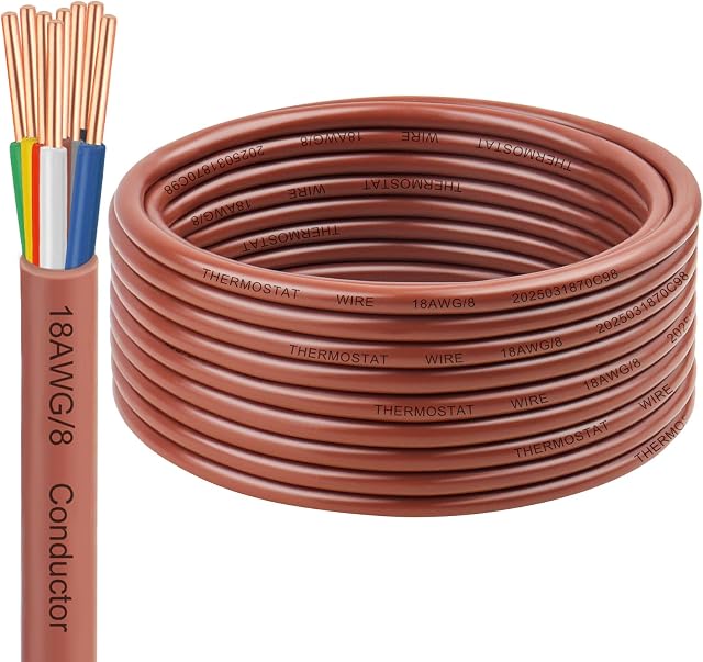 Thermostat Wire 18/8 Gauge 8 Conductor - 30ft, Multi-Conductor Bare Copper Cable, Durable PVC Jacket, Low-Resistance Wiring for HVAC Systems, Thermostats, and Low Voltage Applications