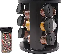 Porta Temperos e Condimentos de Vidro com Suporte Giratório Redondo - Kit com 9 Potes de 85ml para Cozinha, Preto