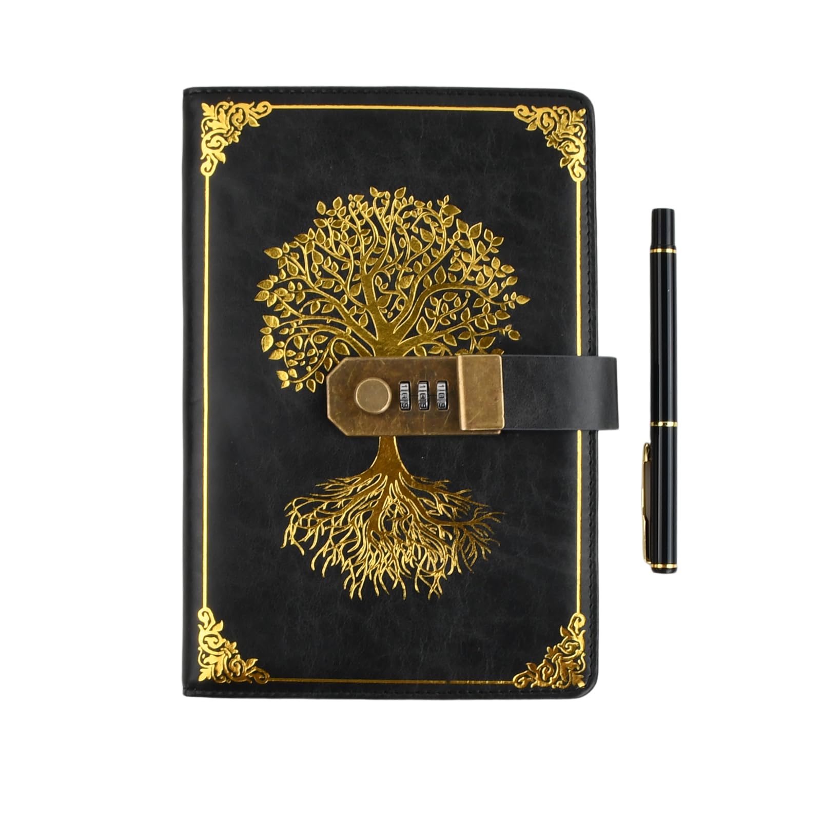 Merzio Diary with Pen and Lock, 21.2 x 14.5 cm (A5) 200 pages Password PU Leather Journal Protected Notebook for Girls and Boys, Retro Style Diary for Adults with Pen, Black