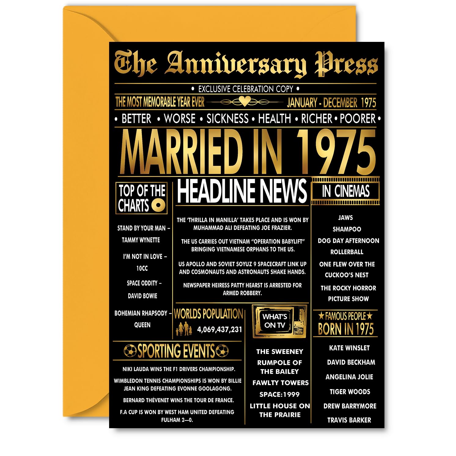 Gold 51st Anniversary Card for Men Women - Golden Newspaper Married in 1975-51 Year Wedding Anniversary Card for Wife Companion Husband Partner, A5 Anniversaries Greeting Cards