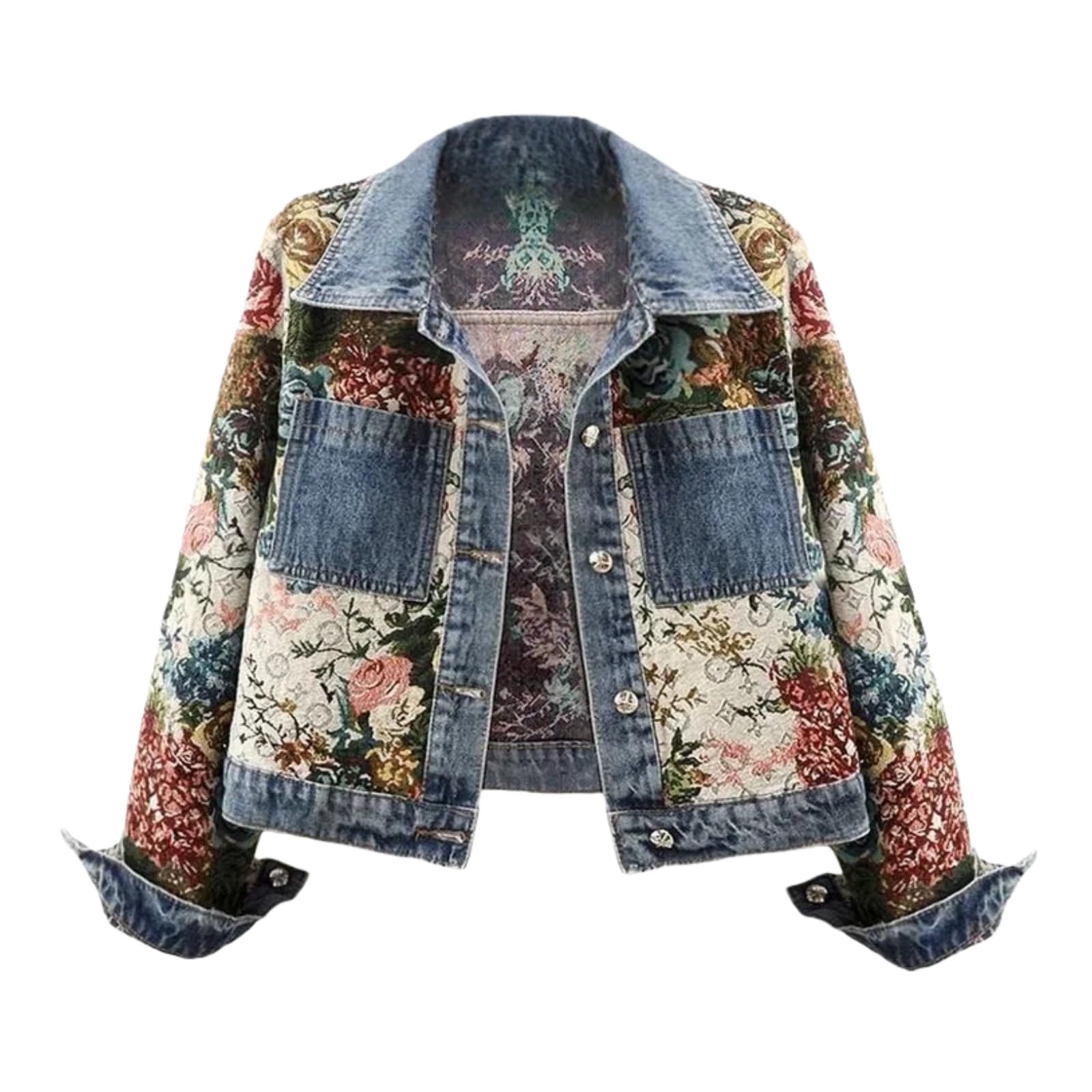 Damen Blumen Denim Jacke, Langärmelige Jacquard Vielseitige Jean Jacken, Floral Print Jeansjacke für Herbst