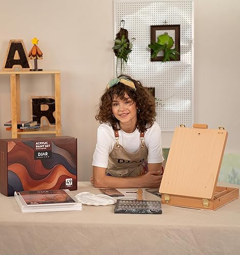 Miniatura 6 de DJAR Juego de 50 piezas de pintura acrílica, incluye caballete de escritorio, pintura acrílica, lienzo, cuaderno de bocetos, blocs de pintura, juego