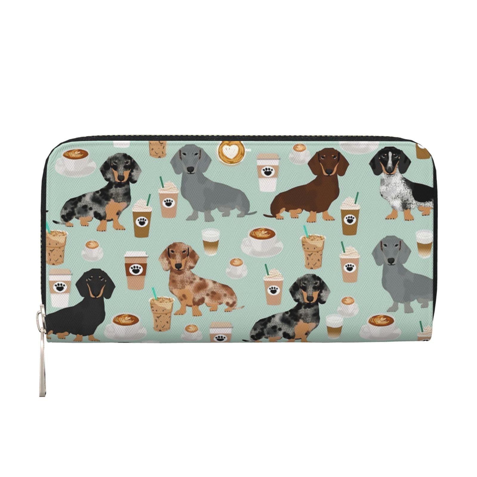 TREJUKY Cute Colored Coffee Dachshund Wallet for Men Women Elegant Long Clutch Zip Around Travel Leather Coin Purse Large Capacity Credit Card Holder