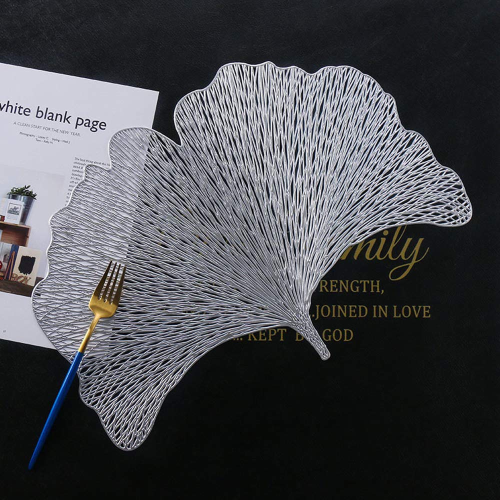 4er Pack Ginkgo Biloba Dekorative Tischsets PVC Tischsets Hohl Tisch Tischsets Hitzebeständig rutschfeste Tischsets Blatt Tischset für die Wohnküche (Silber)