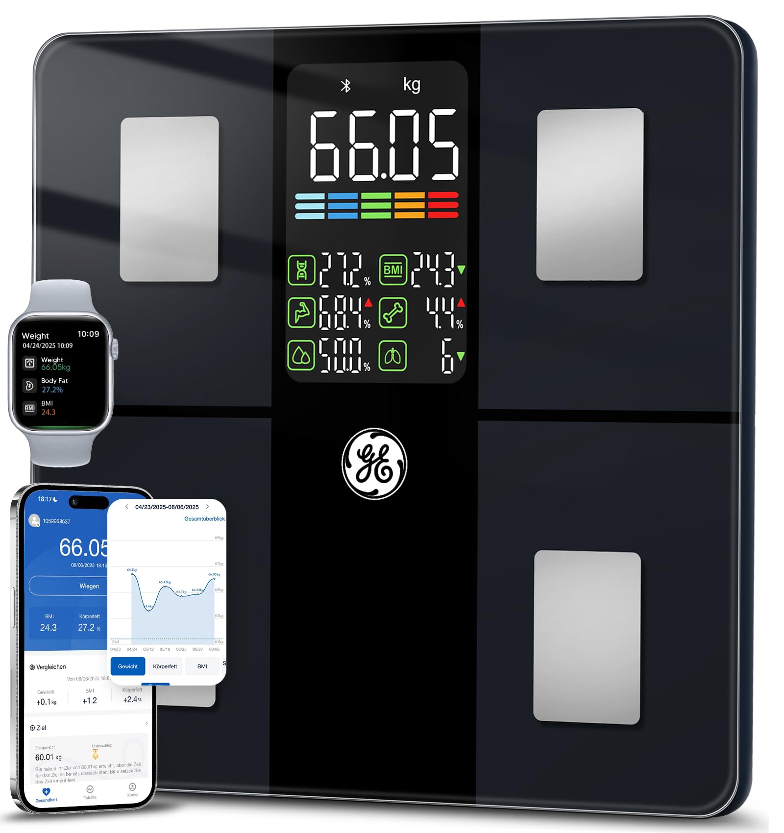 GE Bascula Grasa Corporal y Muscular, Digital Bascula Inteligente con Aplicación 14 Medidas Corporales IMC Bluetooth Báscula de Baño Precisa 180 kgs Black