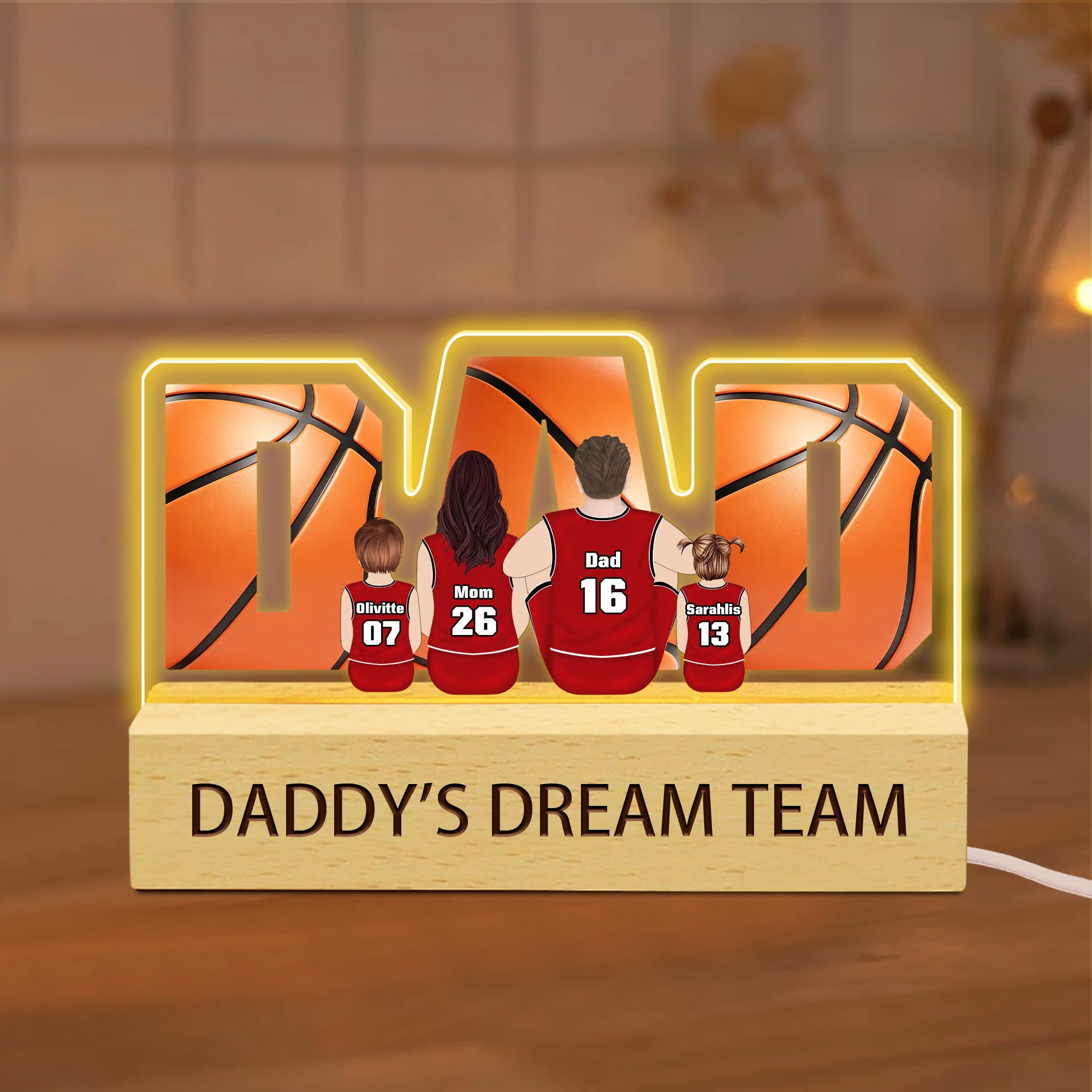 Daddy's Dream Team Personalized Basketball Acrylic Led Night Light, Custom Basketball Dad Acrylic Plaque Light with Family Names, Father's Day Birthday Decor Gifts for Papa Dad Husband (Style 05)
