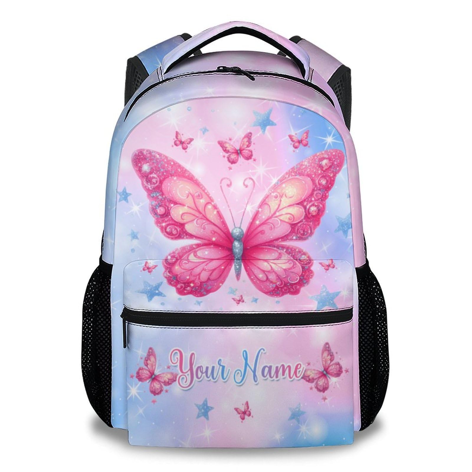 MEETUHONEY Personalized Butterfly Backpack for Girls, 17 Inch Cute Butterfly Backpacks for Little Kids, Blue Portable Lightweight Kindergarten Bookbag