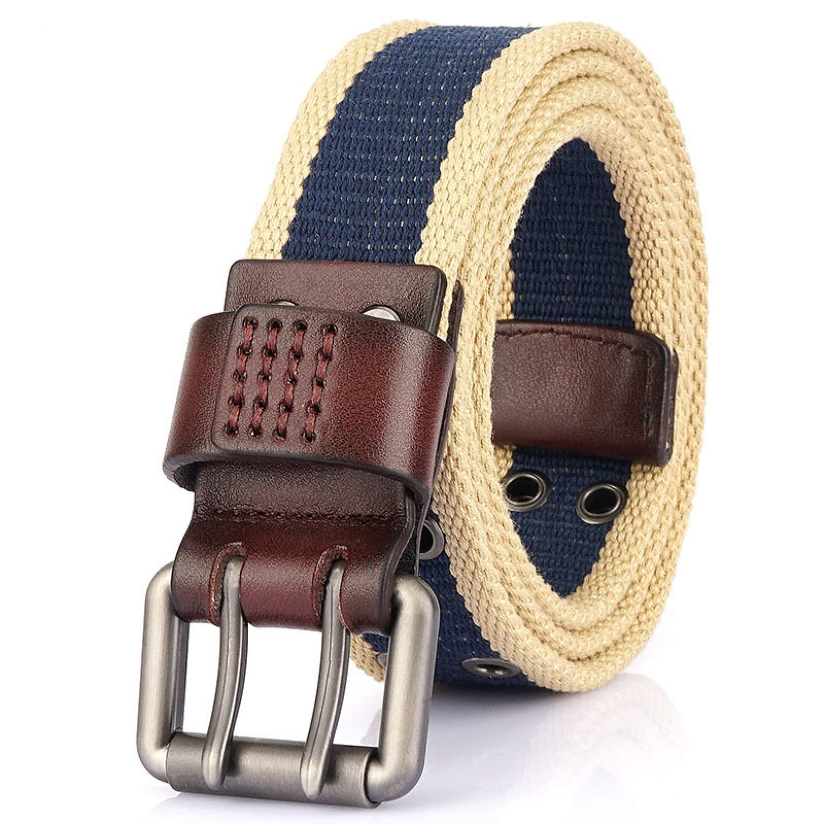 Cinturón casual unisex de lona para hombre, cinturón de doble agujero, cinturón de mezclilla con doble botón