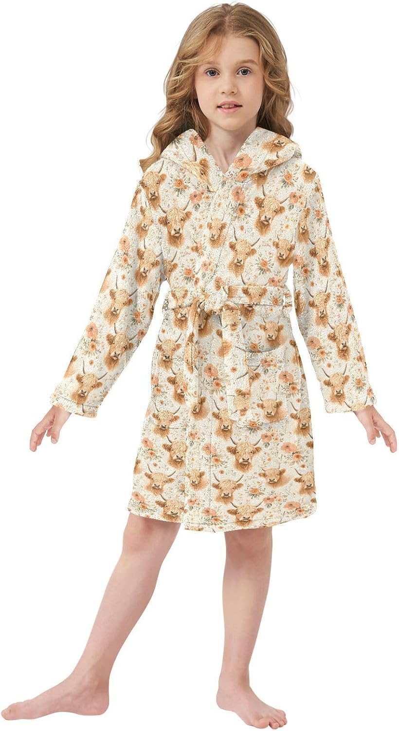 senya Cattle Flower Aa Toddler Hooded Bathrobe Kids Soft Plush Bath Towel Robes for Boys Girls 2-12 Years