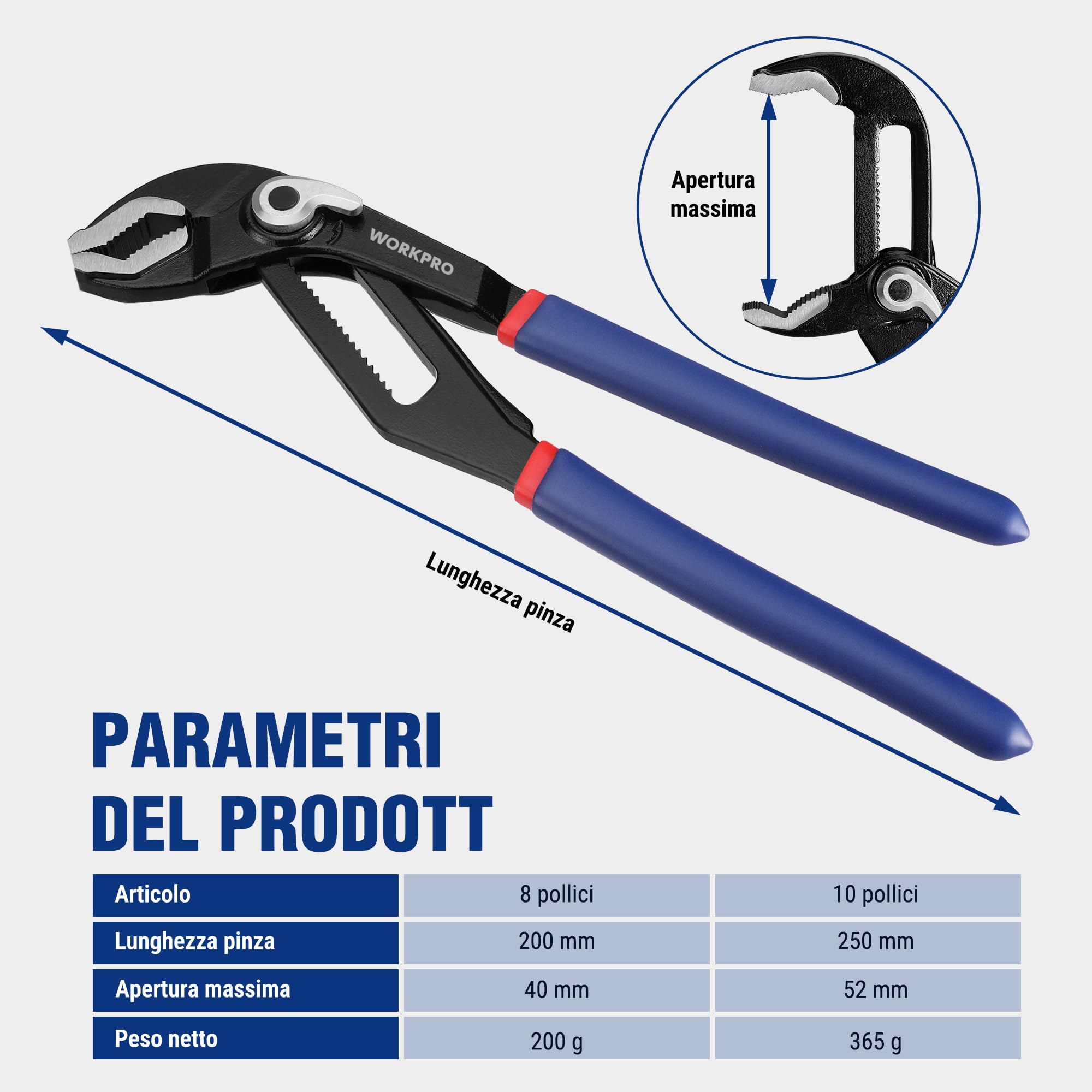WORKPRO Pinze Regolabili per Tubi e Dadi 2 Pezzi, Pinze Chiavi a Pappagallo con Impugnatura Ergonomica a Regolazione Fine, 200mm e 250mm