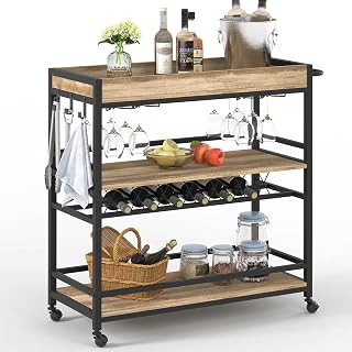BON AUGURE Vintage Oak 3-Tier Bar Cart on Wheels - Rolling Serving Trolley for Home Liquor Storage, Holds 12 Glasses & 150lbs/Shelf