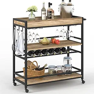 BON AUGURE Vintage Oak 3-Tier Bar Cart with Wheels and Storage