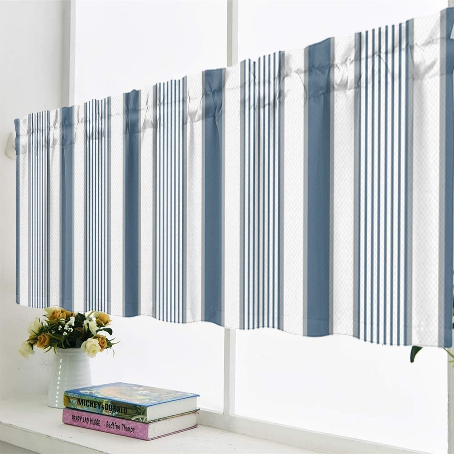 Striped Valances for Windows, Blue White Grey Stripes Kitchen Valance for Bedroom Living Room Bathroom Geometric Small Window Treatments 2Panels 42x12inches