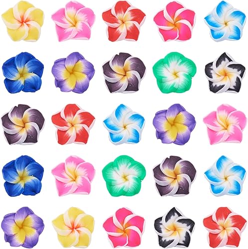 Craftdady 200 cuentas sueltas de arcilla polimérica Plumeria Flower Spacer 0.472x0.315 in colores mezclados al azar 5 pétalos florales abalorios de