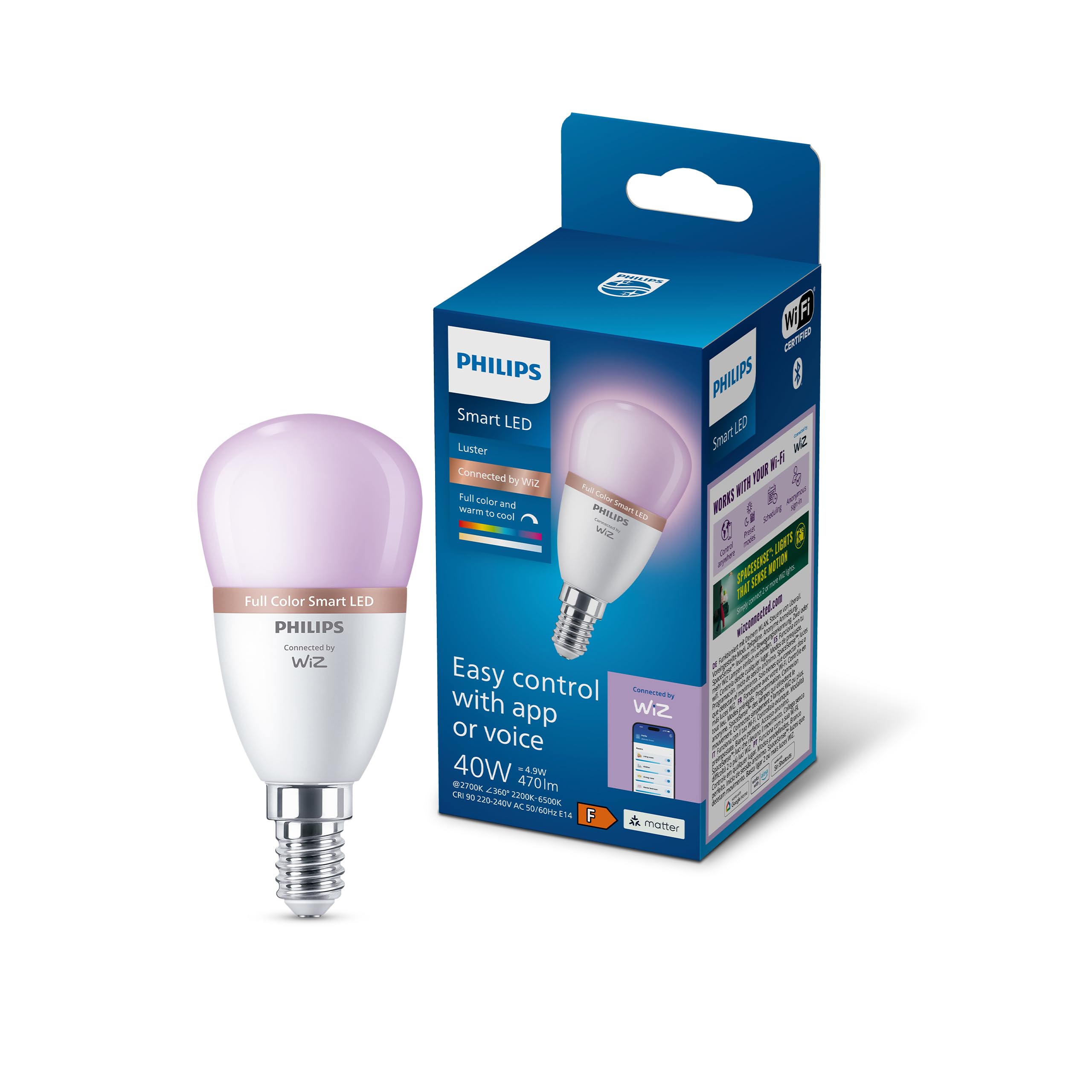 Philips Smart Lighting, Smart LED RGB P45 Bulb, E14 Base, 470 lm, Color and Tunable White Light 2200-6500 K, Low Dimming, Connected by WiZ, Alexa, Google Home, Apple Home