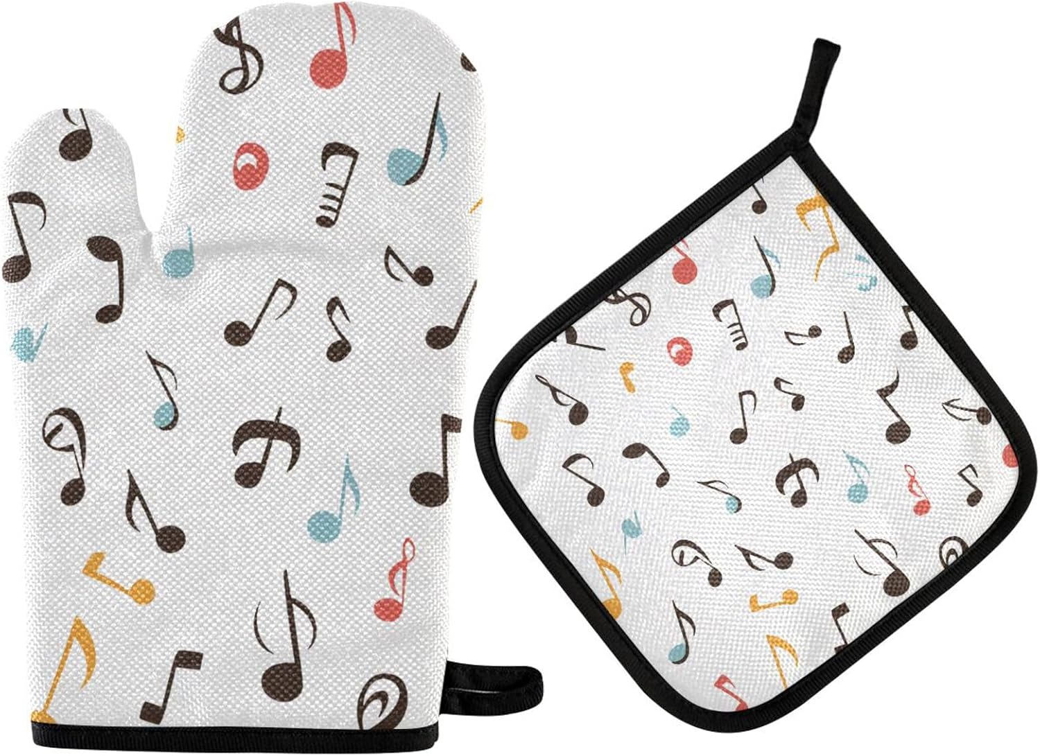 Colorful Music Musical Notes Heat Resistant Oven Mitts and Pot Holders Set - 500F Thick Quilted Cotton Kitchen Gloves with Non-Slip Grip for Cooking, Baking, Grilling & BBQ