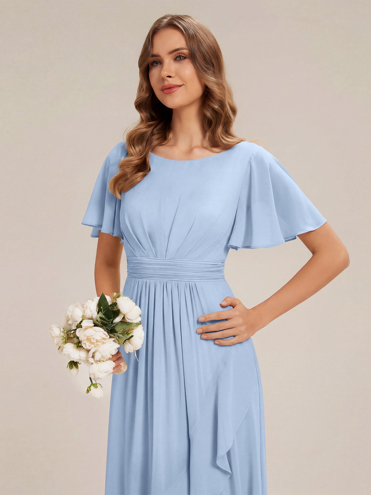 Ever-Pretty Abiti da Damigella Collo Rotondo Maniche Corte Chiffon High Low Sbordi Asimmetrici ES02708
