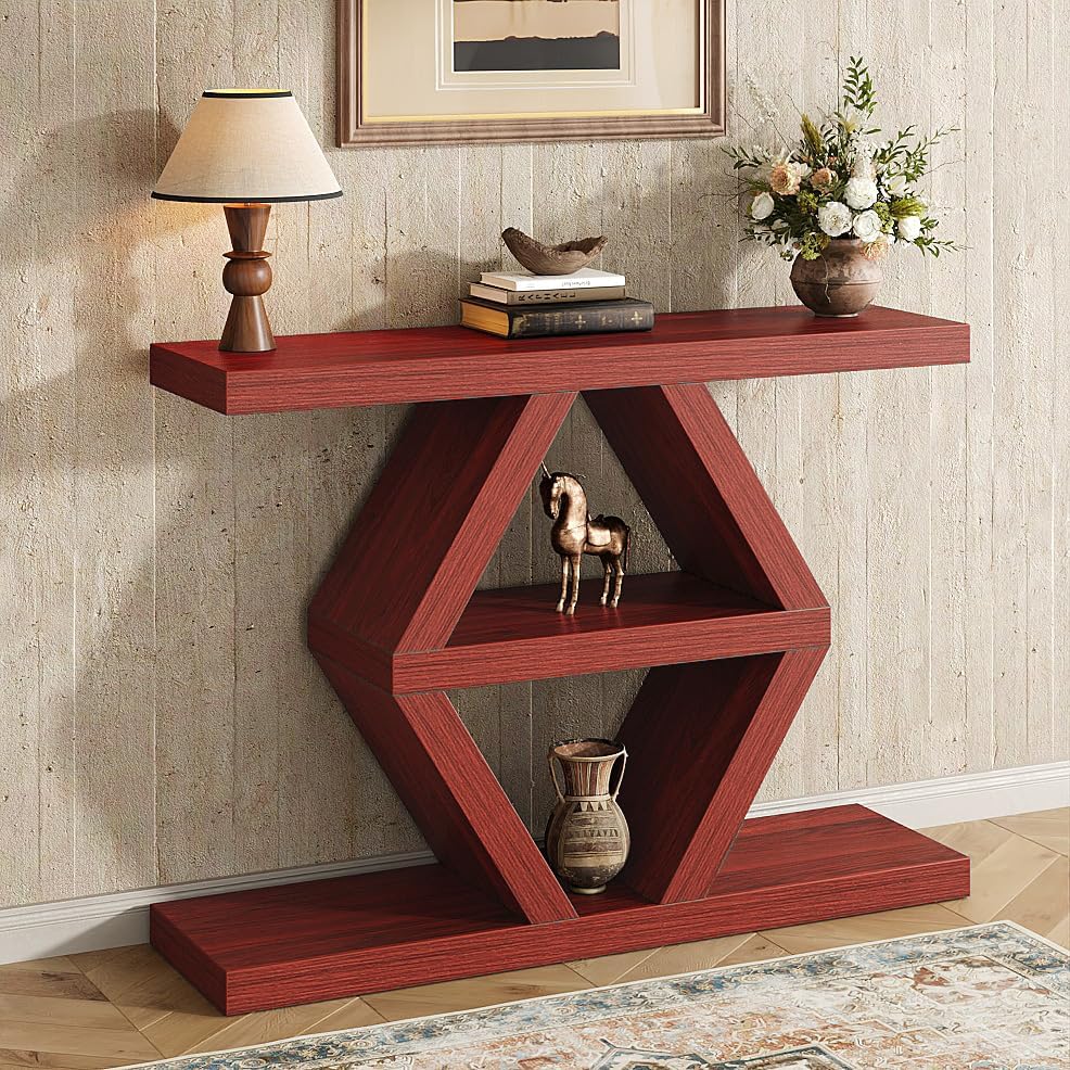 39.37" Farmhouse Console Table, Rustic Entryway Table with 3-Tier Storage Shelves, Wooden Sofa Table Behind Couch, Unique Modern Narrow Entry Table for Hallway Foyer Entrance Living Room, Red