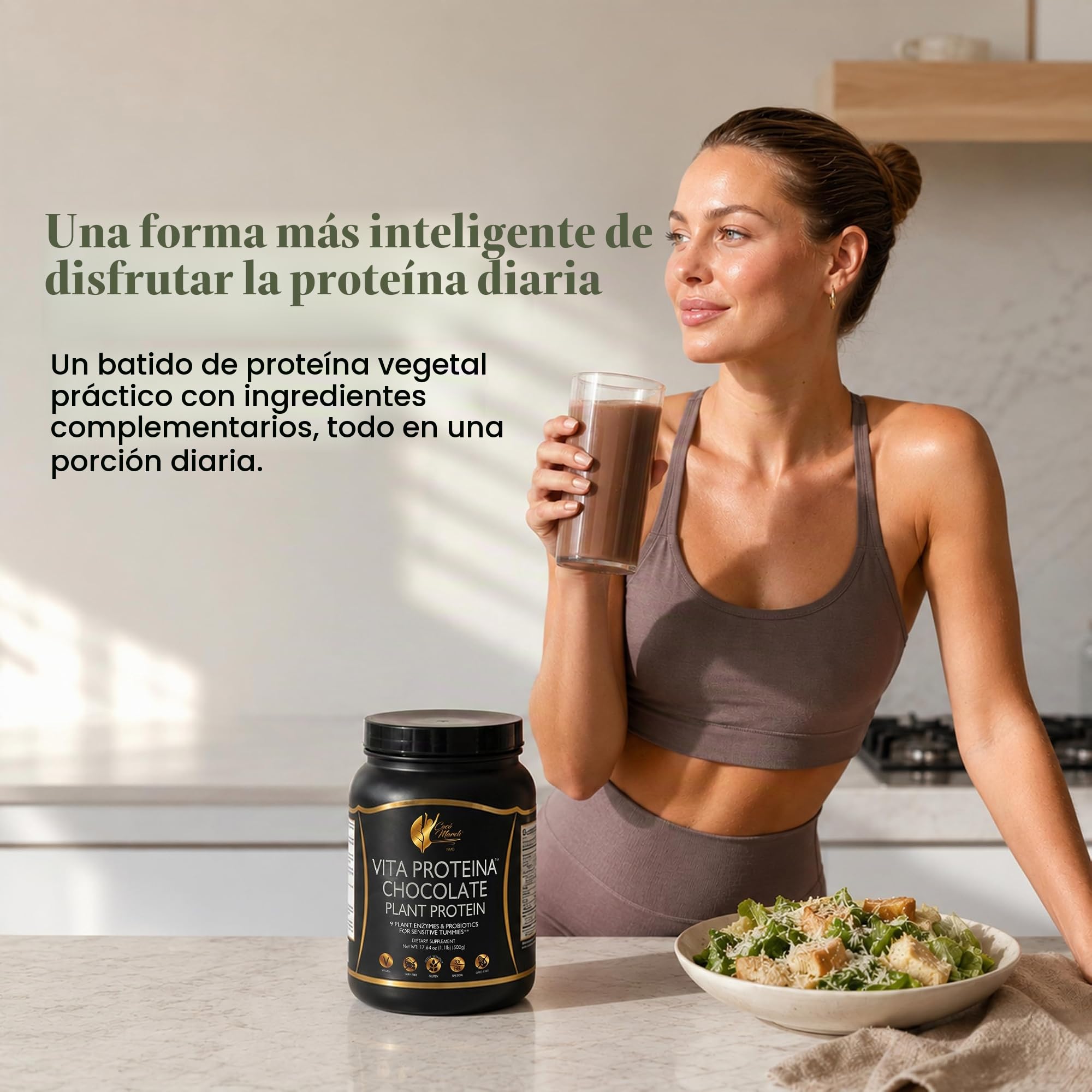Cocó March N.M.D Vita Protein – Proteína Vegetal de Chocolate con Enzimas y Probióticos – 20 g por Ración – Sin Gluten, Sin Soja, Sin Lácteos, Sin OMG – Vegana – 500 g