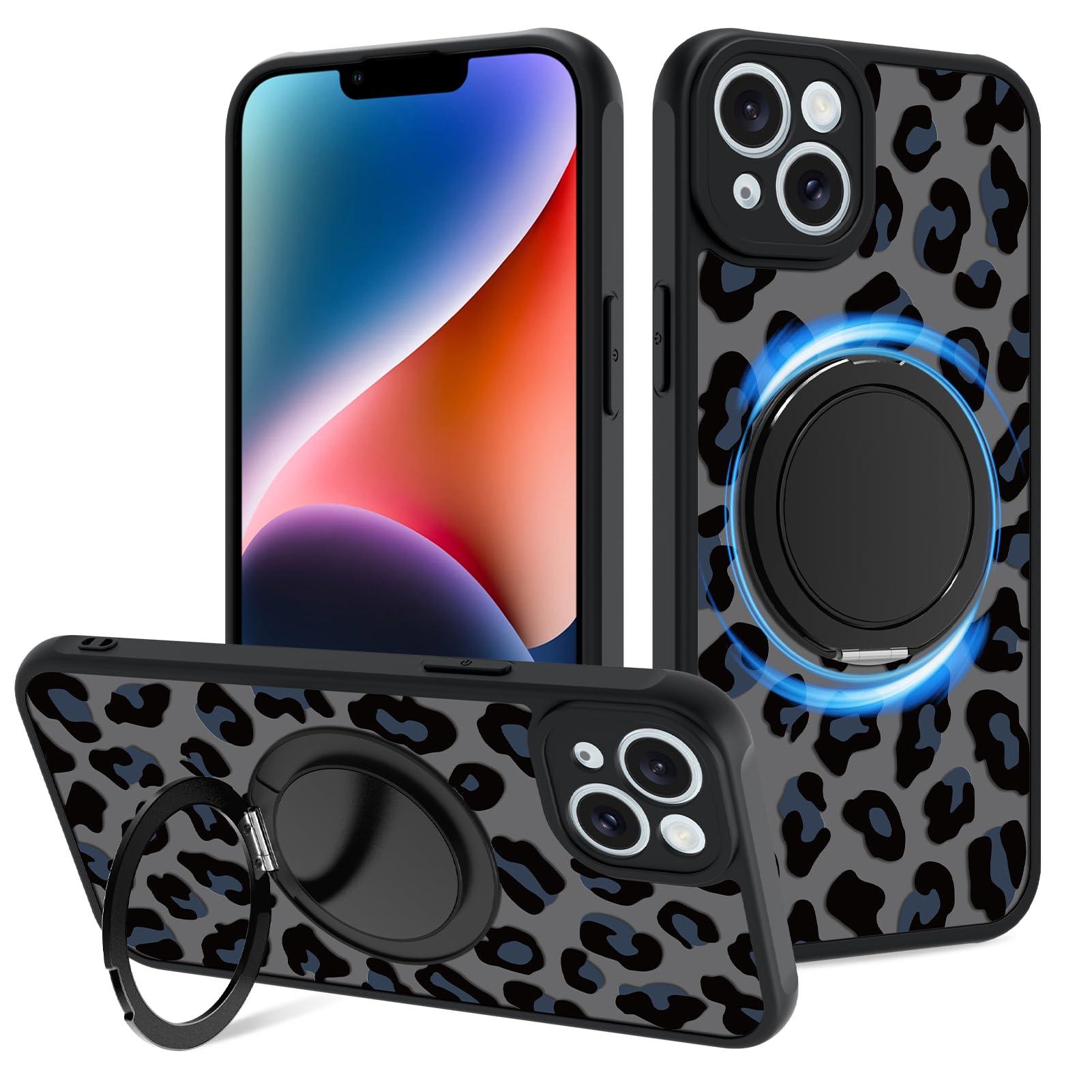 Fiyart Designed for iPhone 14 Plus Case Ring Holder Kickstand Magnetic Bumper Compatible with MagSafe Camera Lens Protection for Women Men Cheetah