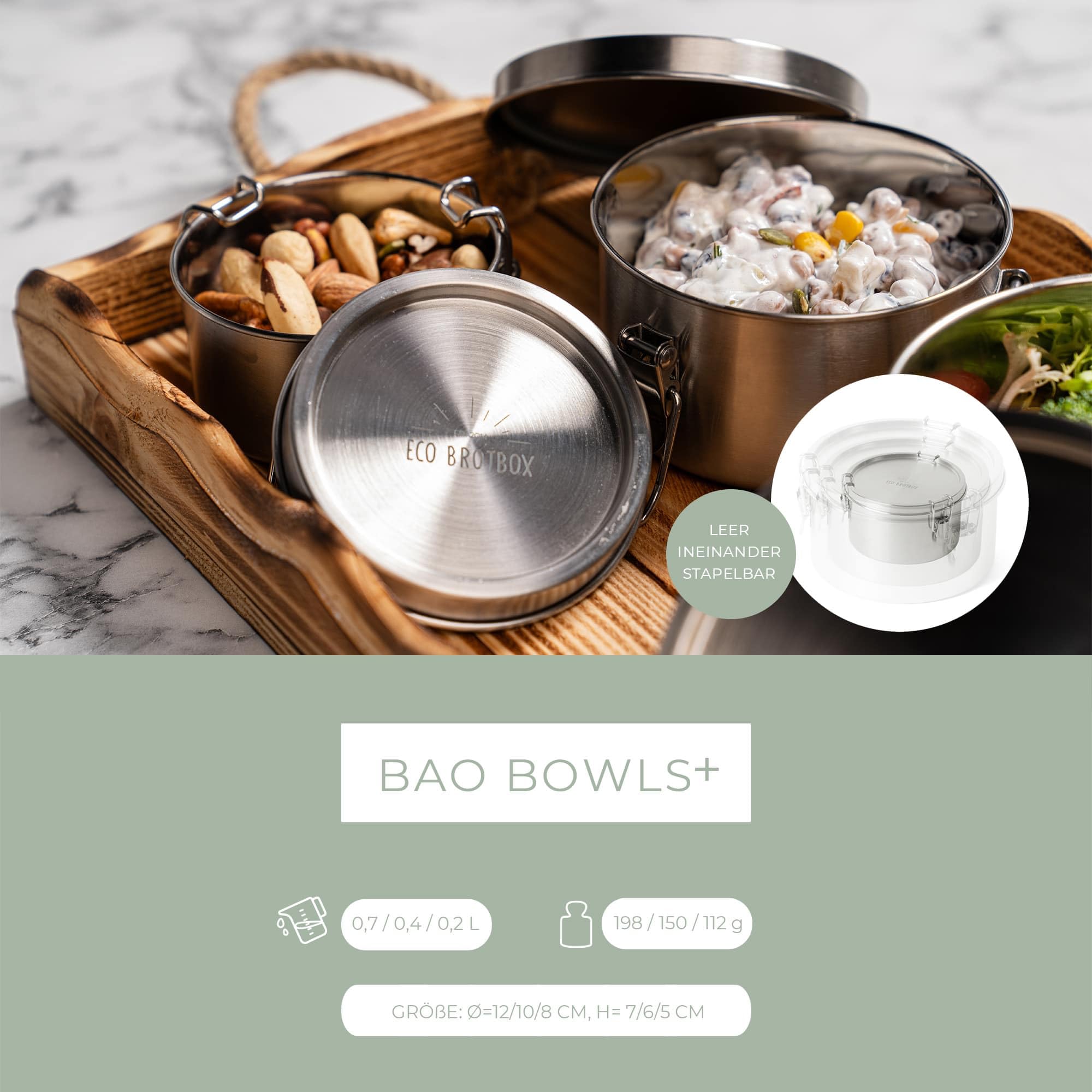 Bao Bowl- Brotdose mit Fächern 3 Lagig 200 + 400 + 700ml - Lunchbox aus Edelstahl rund - BPA-frei und auslaufsicher - spülmaschinenfeste Vesperbox