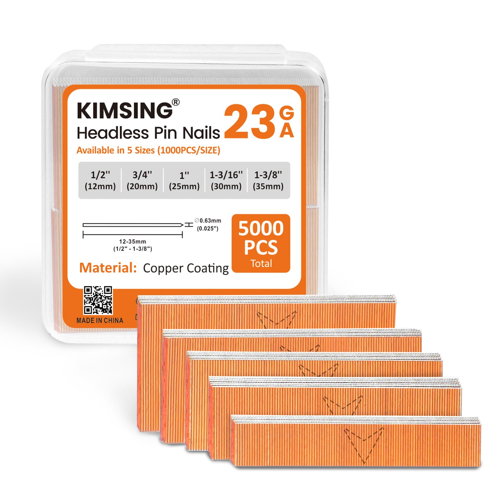 KIMSING 23GA 5 tamaños Puntas Cobre sin Cabeza 5000 pzas para Madera | 5 longitudes 12-35mm (1000 pzas c/u), puntas sin cabeza, cobre anticorrosión, compatibles 23GA, para armarios, muebles