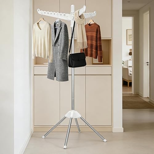 Miniatura 7 de Estante de secado de ropa giratorio y plegable de 59 pulgadas, árbol de secado de ropa con 27 agujeros para colgar, soporte de 4 patas que ahorra