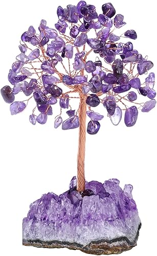 Jovivi Árbol de cristal de amatista, cristales curativos naturales, árboles de dinero, base de racimo de amatista, piedras preciosas de energía