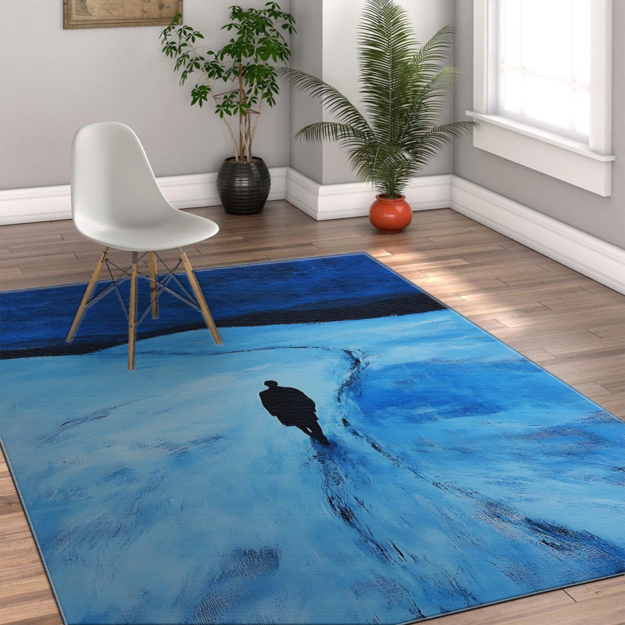 Tapis de surface bleu 80x150cm à poils bas lavable silhouette homme moderne