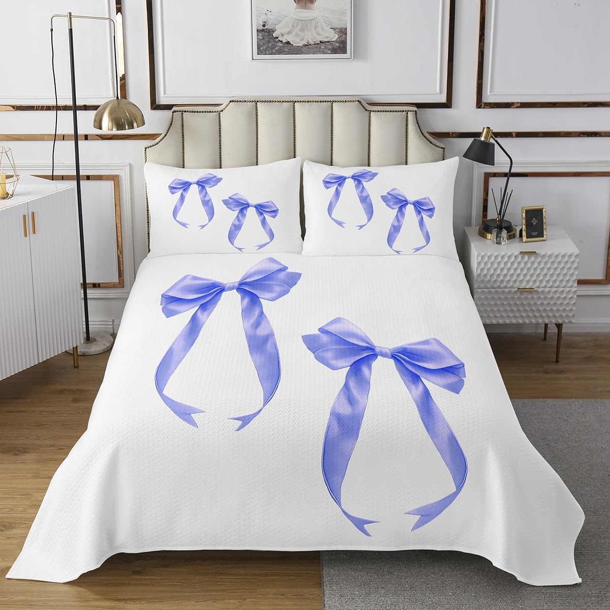 jejeloiu Lovely Blue Bow Bedspread Cute Bowknot Coverlet Set for Kids Boys Girls Teens Kawaii Quilted Coverlet Twin Size Simple Modern Room Decor 2Pcs Breathable Soft Lightweight Microfiber