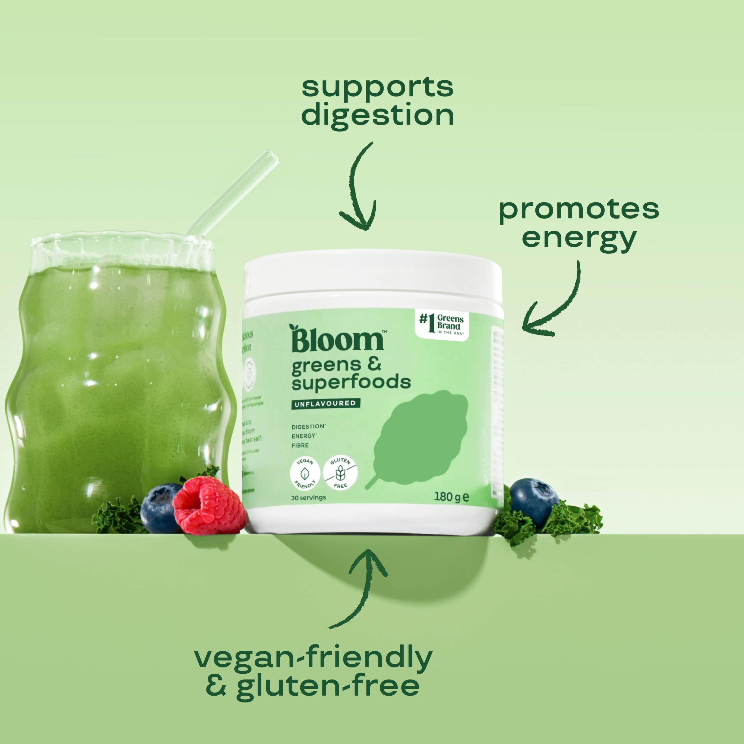 Bloom Super Greens Pulver ohne Geschmack (30 Portionen) mit Probiotika, Verdauungsenzymen, Spirulina & Chlorella, zuckerfrei