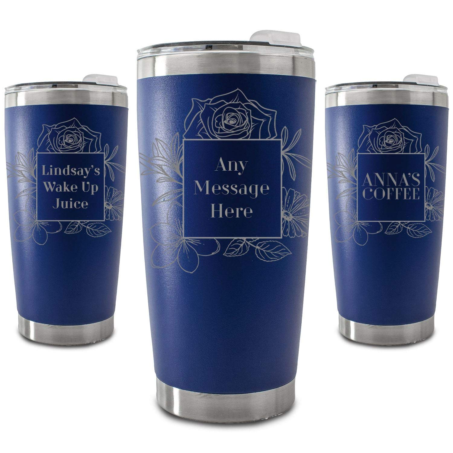 Personalisierter, gravierter, dunkelblauer 500-ml-Reisebecher mit quadratischem Blumenmuster, personalisierbar mit einer beliebigen Nachricht oder einem Namen, inklusive Geschenkbox, lasergraviert