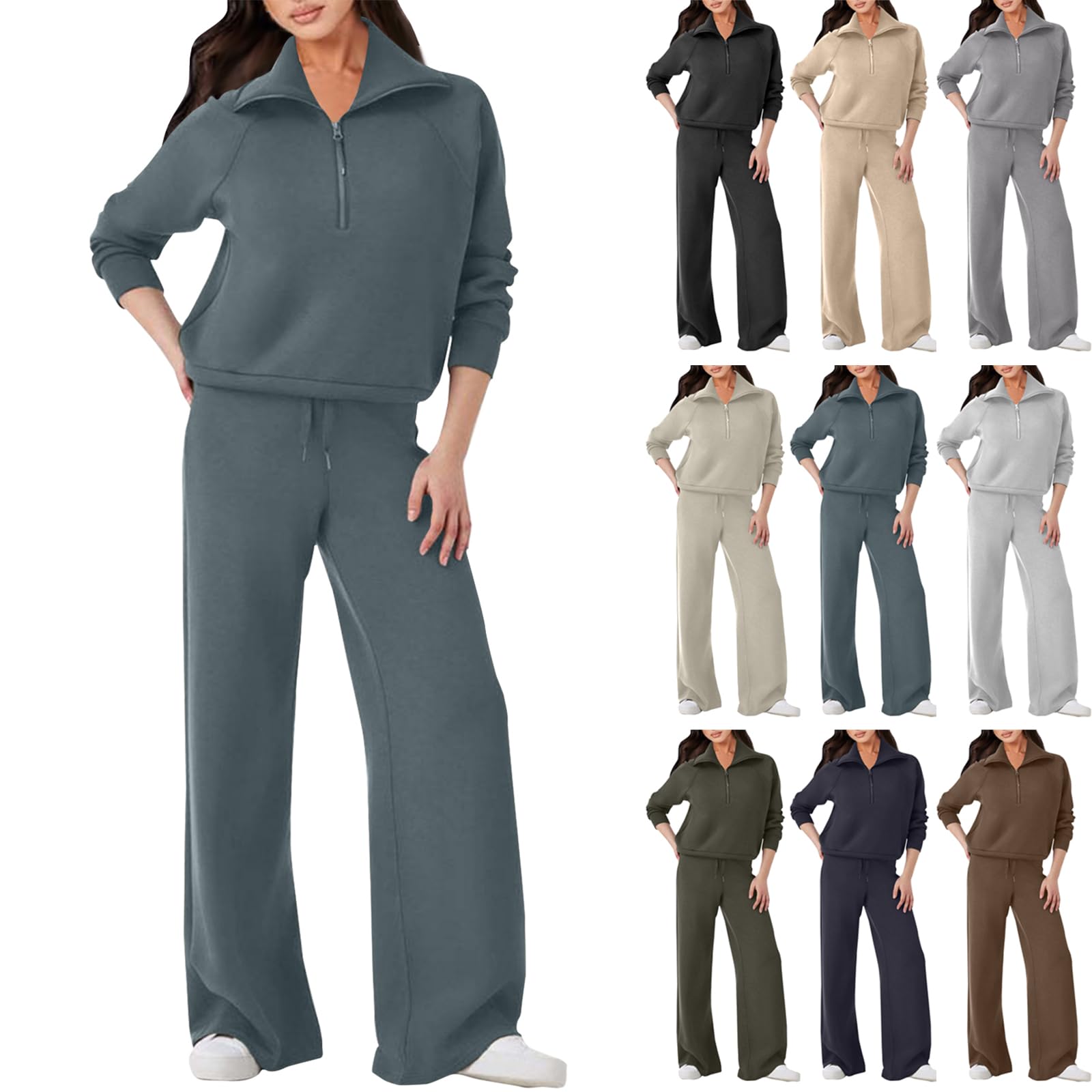 FAJUYIYOWomen Two Piece Outfits Air Essentials Set Half Zip Sweatsuit Set Quarter Zip Pullover Jogger Sweatpant Loungewear