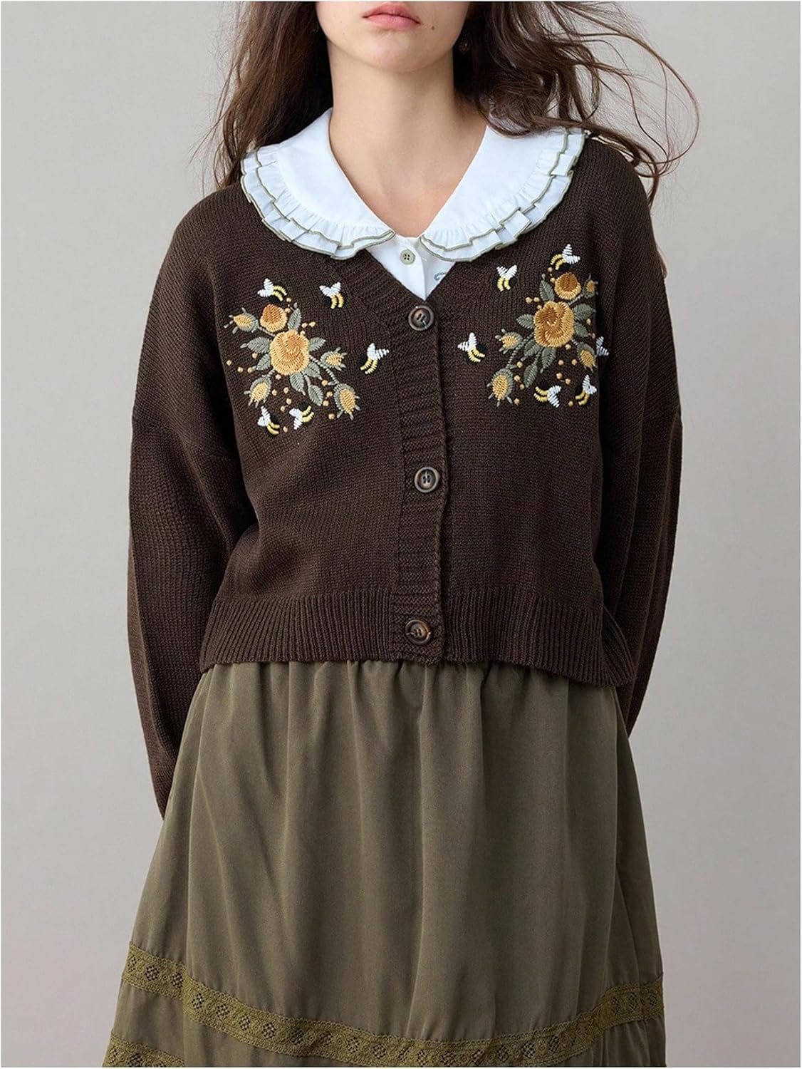 Women's Vintage Floral Embroidery Cropped Sweater Boho Western Core Long Sleeve V Neck Renaissance Fall Cardigan - Image 5