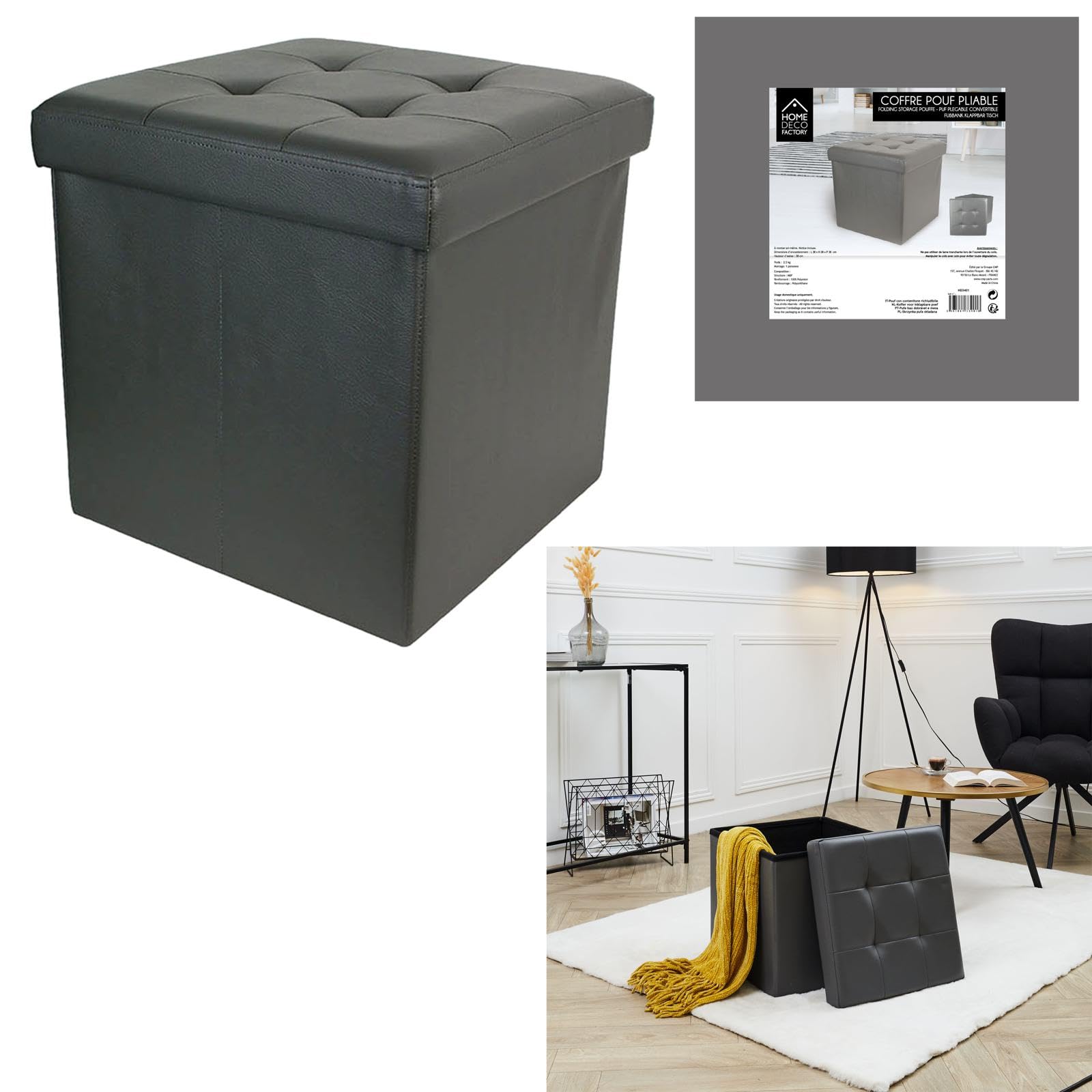 Pouf The Home Deco Factory - In Poliuretano Nero | 37.5x37.5x37.5 Cm - Foto 3