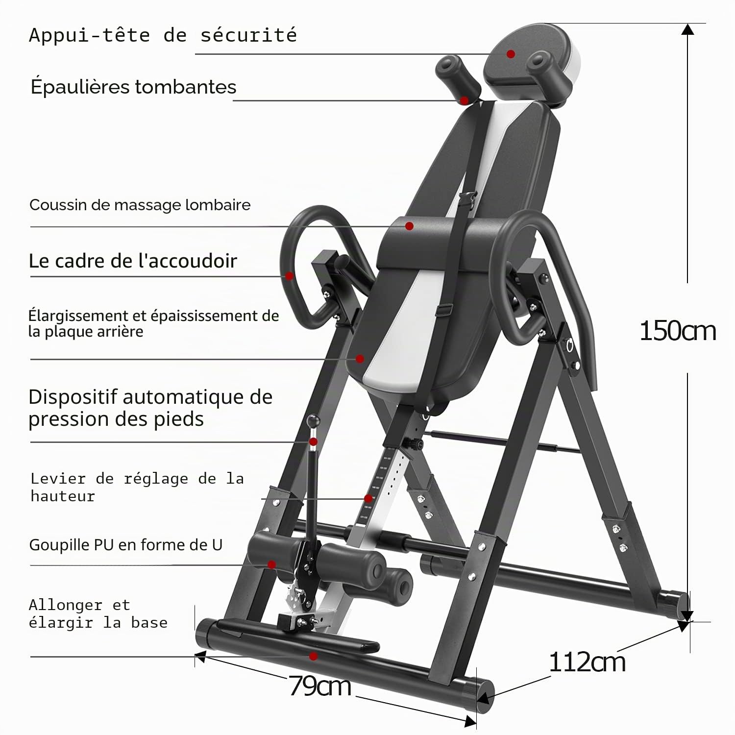 Table d'inversion de Musculation Pliable, Ceinture de sécurité réglable, Banc d'étirement pour soulager la Colonne vertébrale, Supporte jusqu'à 150 kg de Poids