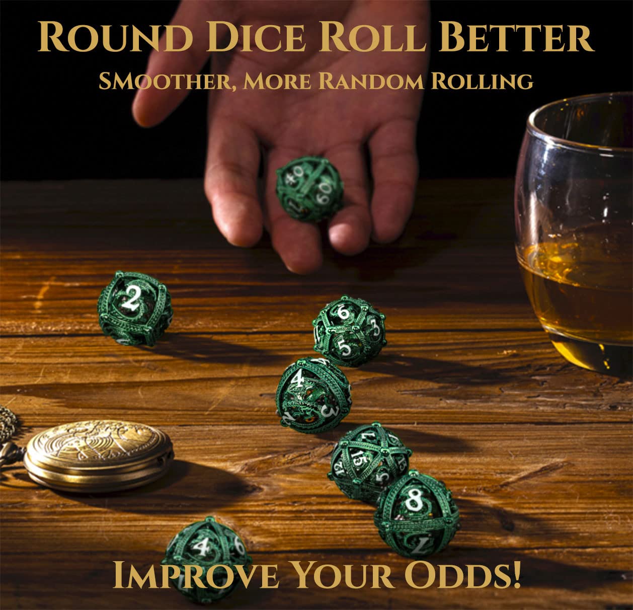 Lot de dés DND en métal – Design rond en orbe creux pour un meilleur roulement – Beau jeu de dés en métal dragon pour jeux de rôle (RPG) – Superbe jeu de dés D&D Donjons et Dragons (vert)