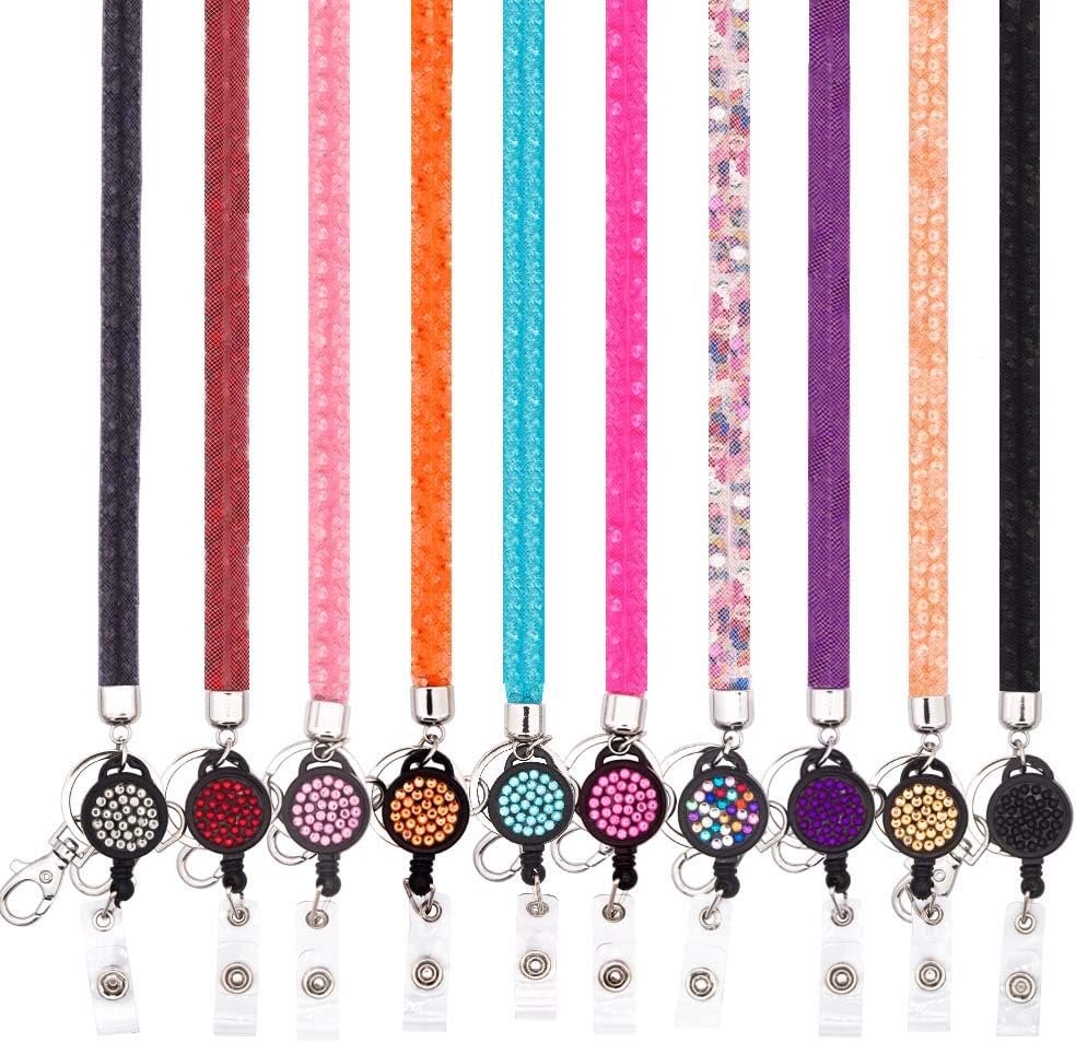 10 Pack Necklace Name Card Lanyards, Bling Lanyard Strap, ID Card Lanyard with Bling retractable Badge Holder with Metal Clasp & Keyring