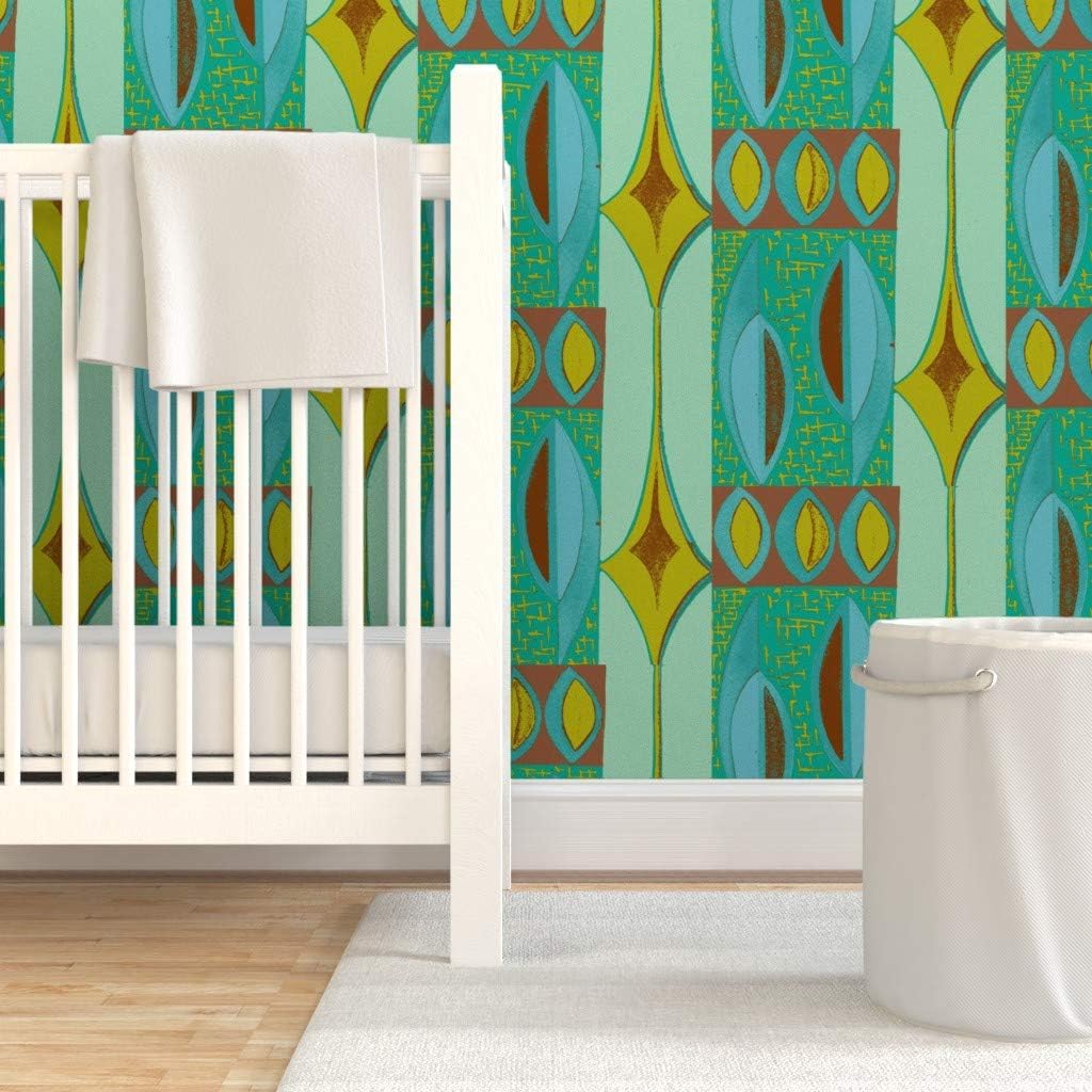 Removable Wallpaper 6ft x 2ft - Blue Brown Retro Mid Century Modern Tiki Mod Atomic Custom Pre-Pasted Wallpaper by Spoonflower