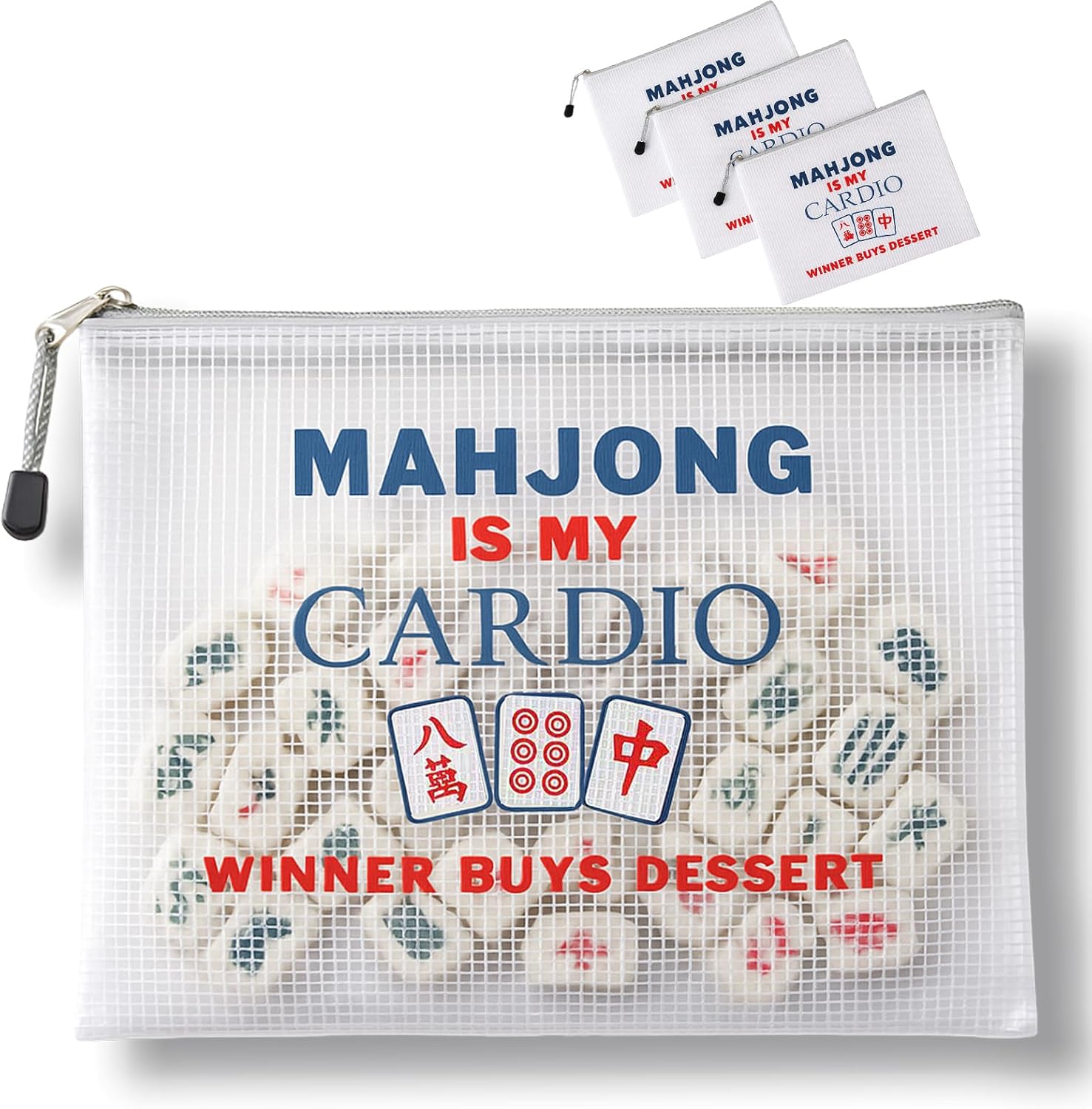 3-Pack Mahjong Tile Storage Pouches, Water-Resistant Zipper Bags Fit 166 American Tiles, 13.6 x 9.7 in, White (Bags Only)