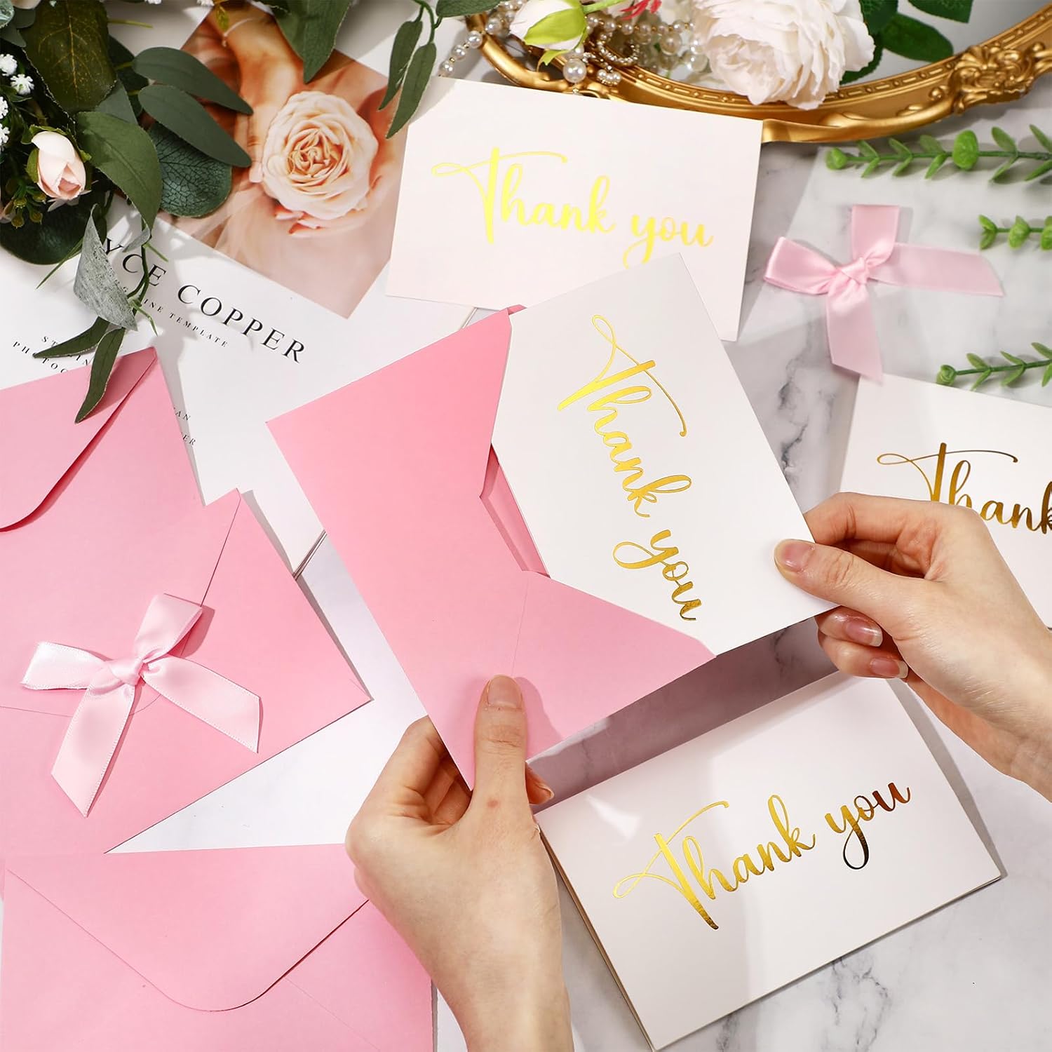 Motiskyy 100 Pcs Pink Thank You Cards with Envelopes 4 x 6 Inch Thank You Cards Bulk with Bow Gold Foil Blank Notes for Valentine Day Wedding Festival Bridal Baby Shower Business Birthday Party