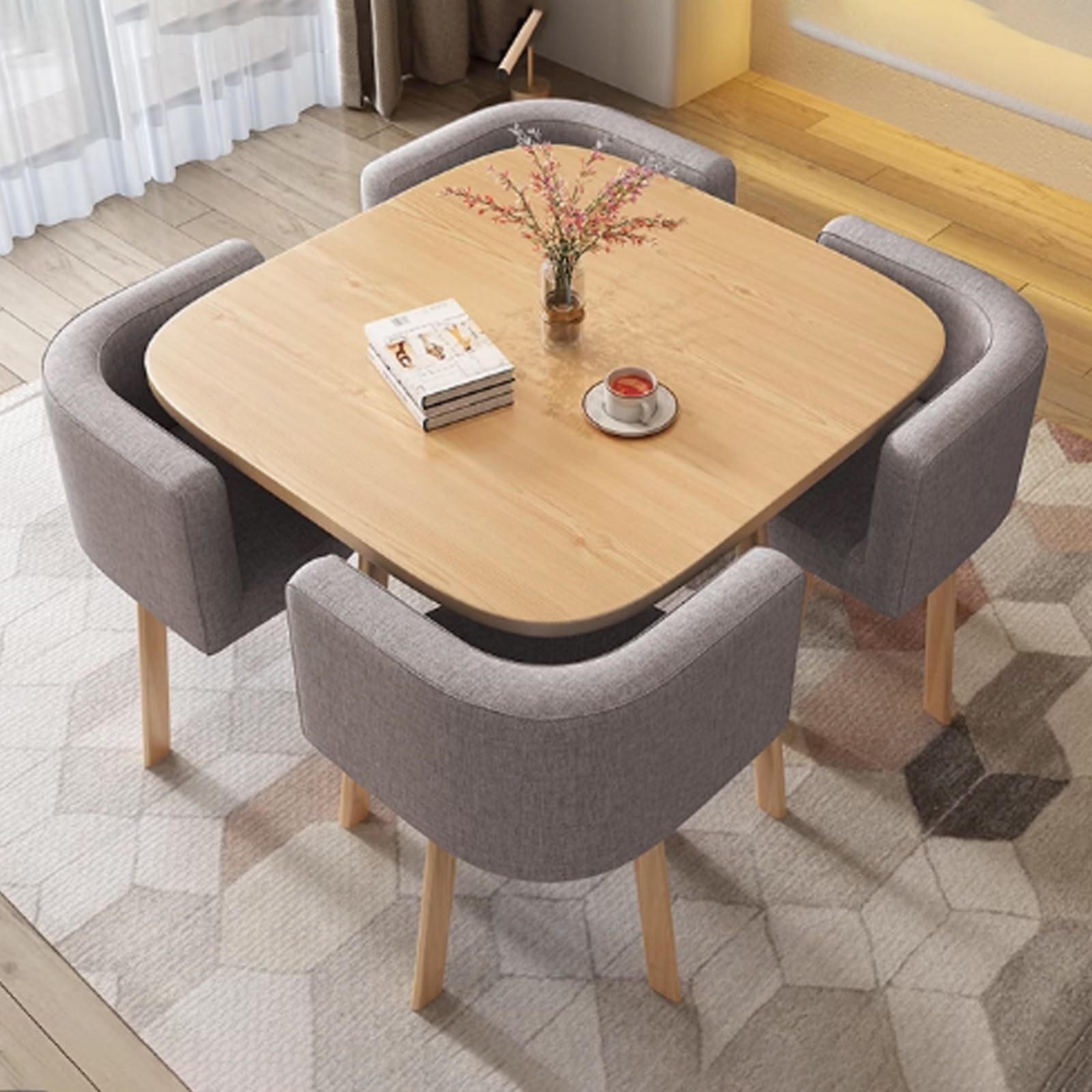 Modern Dining Conference Table Set Grey - Round and Square Table with 4 Chairs for Small Meeting Room and Living Room